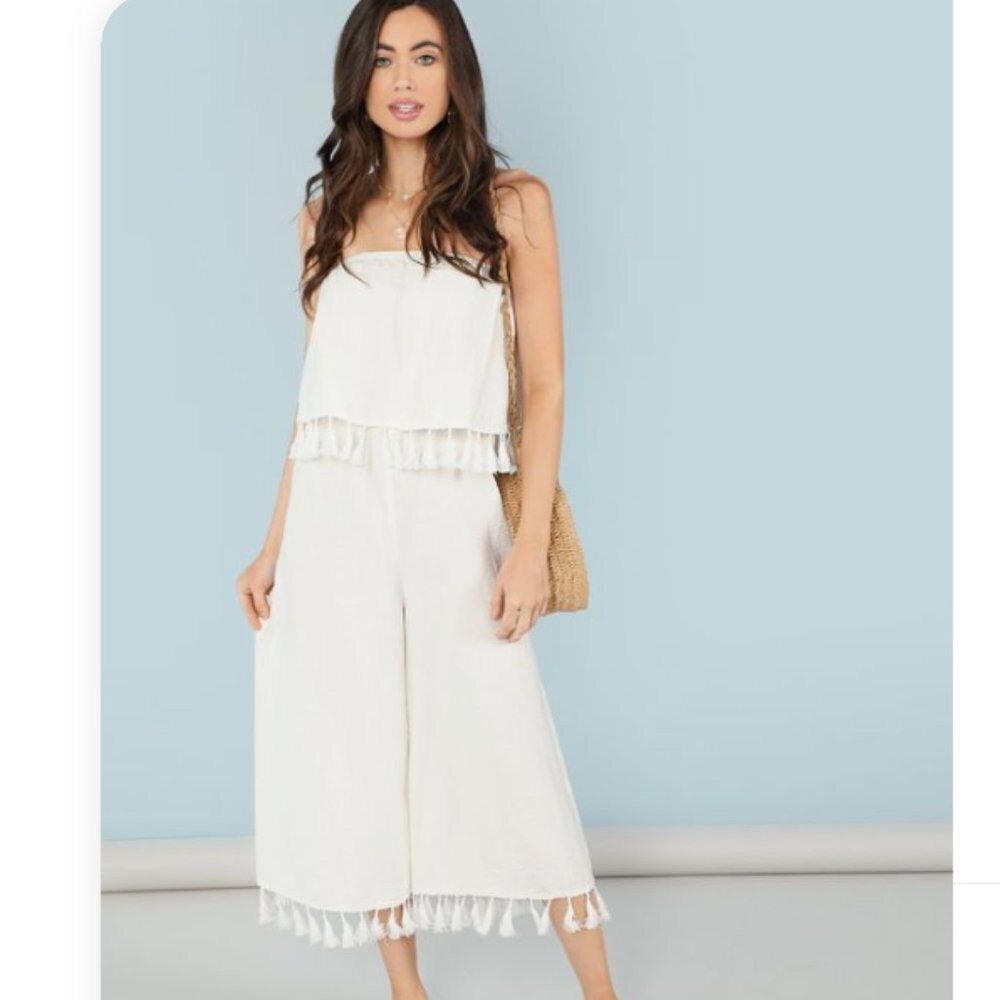 SHEIN Women Off White Tassel Embellished Wide Leg Strapless Jumpsuit‎ Large NWOT